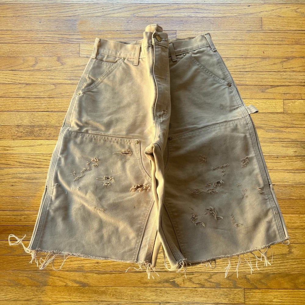 Vintage Carhartt Double Knee Carpenter Shorts Distressed Tan Duck Canvas Mens 34